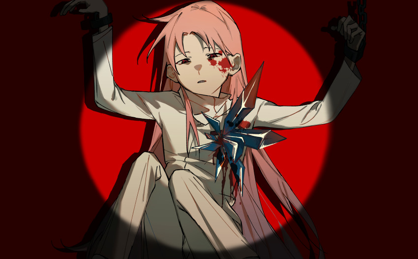 1boy absurdres blood blood_on_clothes blood_on_face chain chuanhua commentary cuffs hatsutori_hajime highres impaled jacket long_hair long_sleeves looking_at_viewer male_focus pants pink_hair red_background red_eyes saibou_shinkyoku shackles sitting solo spoilers symbol-only_commentary very_long_hair white_jacket white_pants