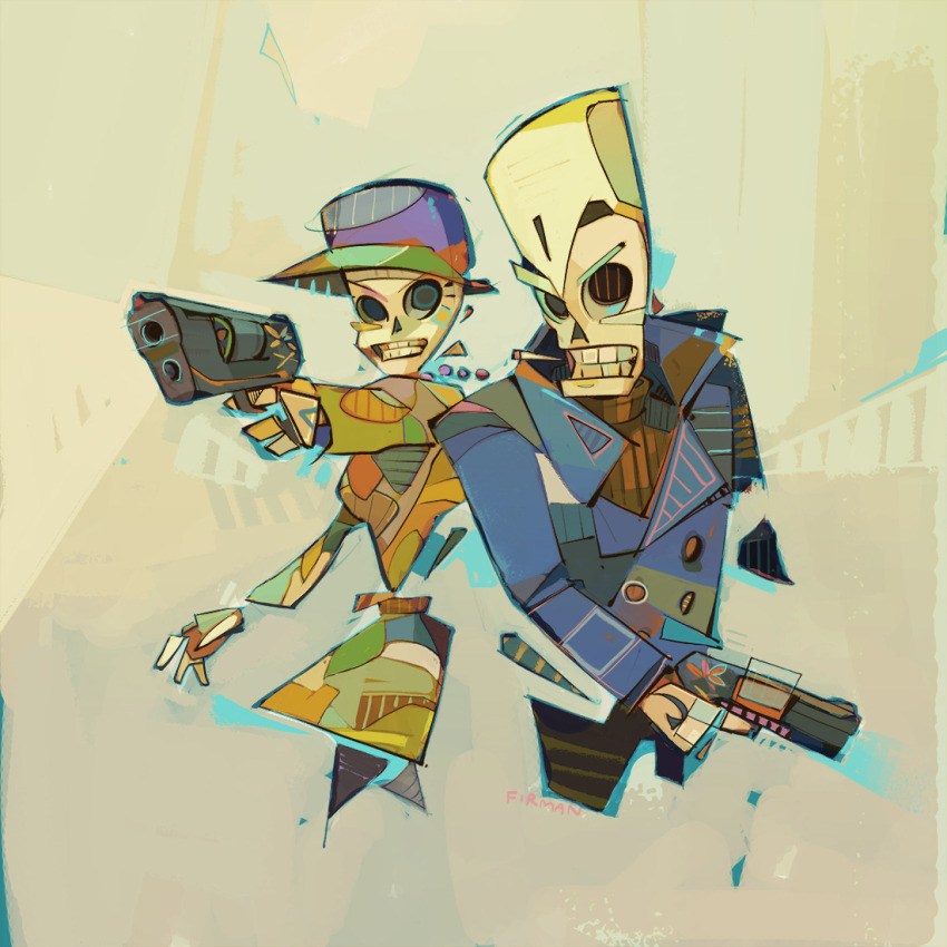 1boy 1girl alt_text artist_name breasts buttons cigarette clenched_teeth cropped_legs double-breasted grim_fandango gun handgun hat holding holding_gun holding_weapon hollow_eyes jewelry manuel_calavera mercedes_colomar michaelfirman necklace revolver simple_background skeleton sweater teeth turtleneck turtleneck_sweater weapon
