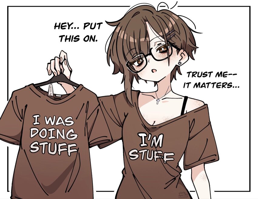 1girl asami-chan black-framed_eyewear breasts bright_pupils brown_eyes brown_hair cleavage collarbone cross cross_necklace earrings english_text freckles highres holding jewelry looking_at_viewer medium_breasts necklace open_mouth original shirt short_hair short_sleeves solo t-shirt upper_body white_background white_pupils