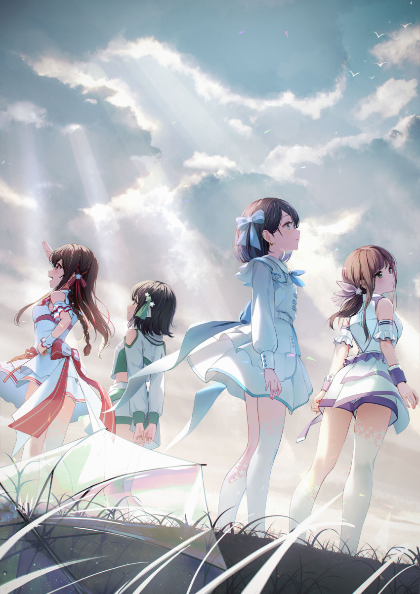 4girls :d asymmetrical_legwear back_bow belt blue_bow blue_dress blue_eyes bow brown_hair closed_mouth cloud cloudy_sky day detached_sleeves dress enogu grass green_eyes hair_bow hand_on_own_hip highres hinata_nao_(iwamotochou_geinousha) iwamotochou_geinousha kagawa_ichigo long_hair long_sleeves medium_hair mismatched_legwear multiple_girls natsume_haru open_mouth outdoors red_bow shirafuji_tamaki short_shorts short_sleeves shorts single_sock single_thighhigh sky smile socks standing suzuki_anzu thighhighs transparent transparent_umbrella umbrella virtual_youtuber white_belt white_legwear white_shorts