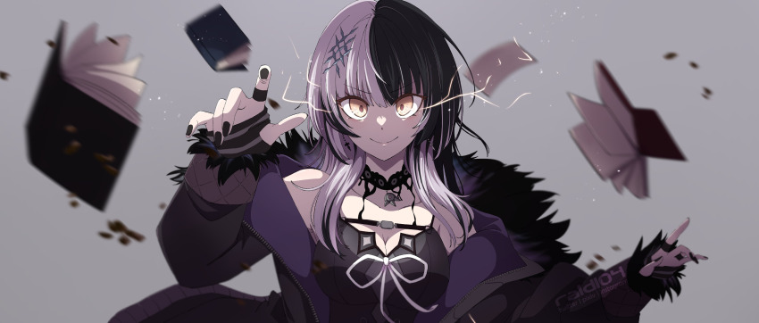 1girl aoi_kanan black_choker black_coat black_dress black_hair black_nails book breasts choker cleavage closed_mouth coat dress fur-trimmed_coat fur_trim grey_background grey_hair highres hololive hololive_english jewelry long_hair looking_at_viewer medium_breasts multicolored_hair nail_polish purple_coat ribbon ring shiori_novella shiori_novella_(1st_costume) simple_background smile solo split-color_hair two-sided_coat two-sided_fabric two-tone_hair virtual_youtuber white_ribbon yellow_eyes