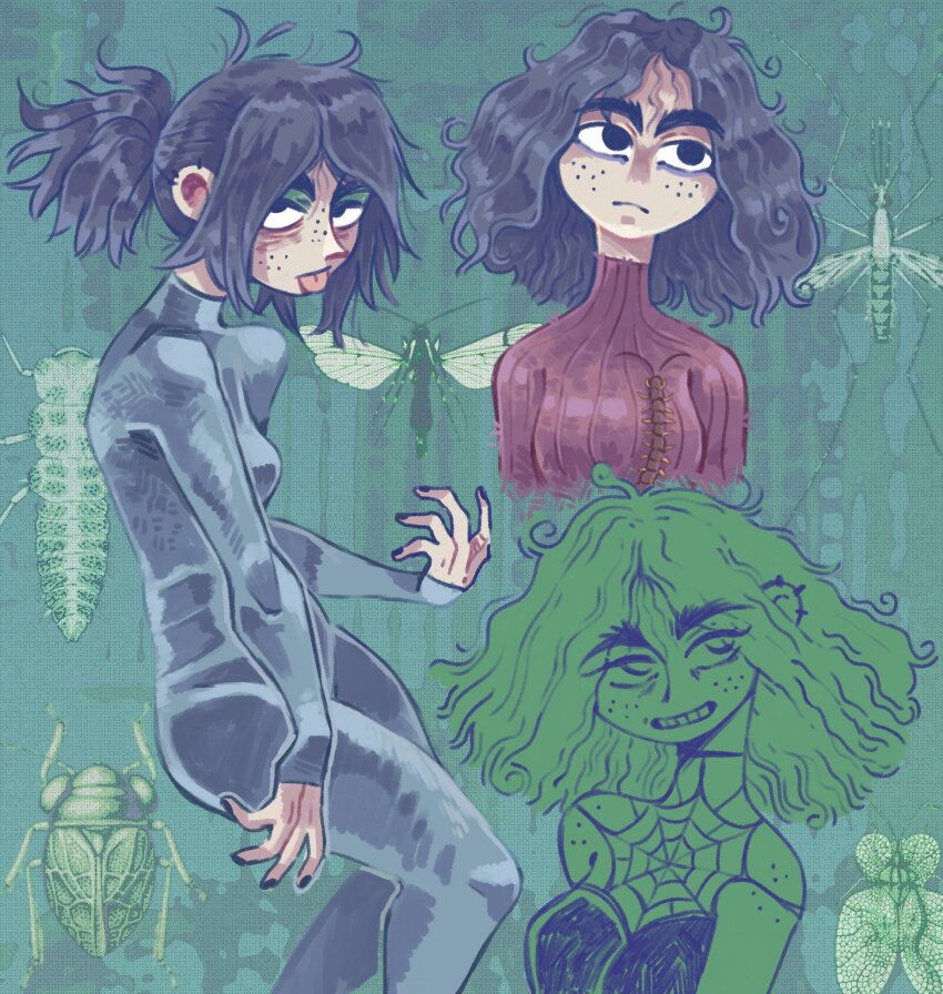 1girl black_bodysuit black_hair bodysuit bug centipede cicada collared_bodysuit commentary ear_piercing english_commentary eyeliner freckles graskip green_background green_eyeliner grin highres insect larva looking_at_viewer makeup medium_hair messy_hair multiple_views original piercing ponytail red_sweater smile sweater tongue tongue_out turtleneck turtleneck_sweater upper_body