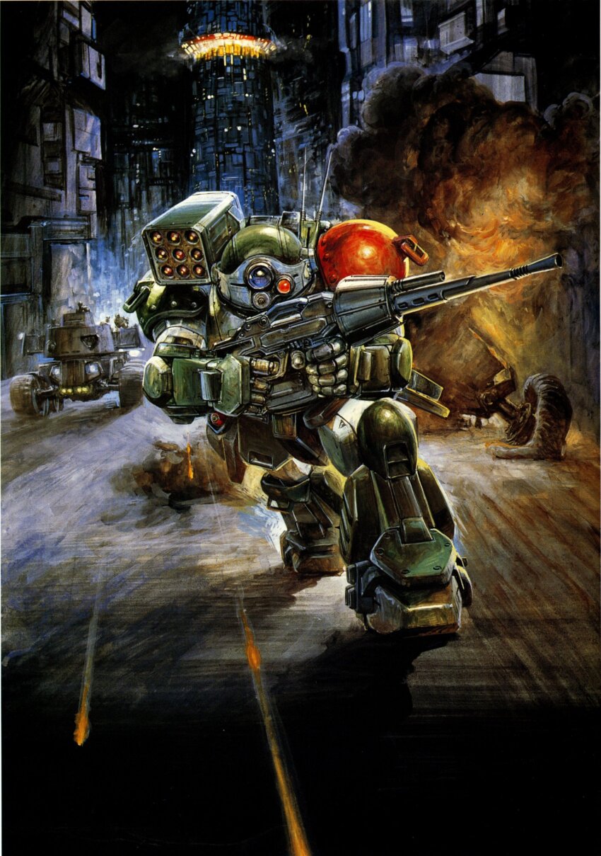1980s_(style) armored_trooper armored_vehicle building city commentary_request explosion finger_on_trigger gun highres holding holding_gun holding_weapon mecha mecha_focus missile_pod no_humans official_art oldschool radio_antenna retro_artstyle road robot scan science_fiction scopedog skyscraper smoke solo soukou_kihei_votoms takani_yoshiyuki third-party_source weapon