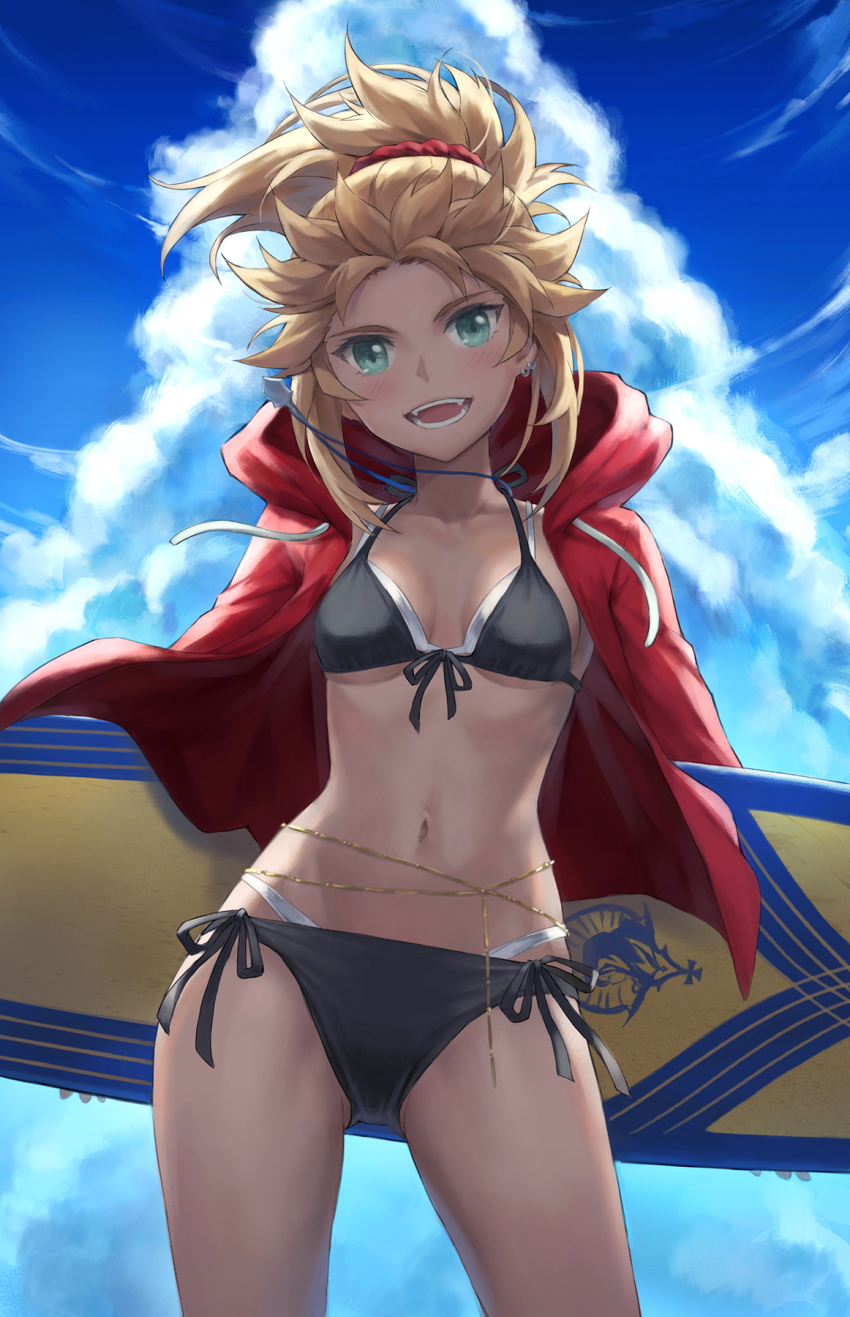 1girl belly_chain bikini black_bikini blonde_hair blue_sky blush breasts collarbone fate/grand_order fate_(series) green_eyes hair_ornament hair_scrunchie highres hood hooded_jacket jacket jewelry layered_bikini long_hair long_sleeves looking_at_viewer mordred_(fate) mordred_(swimsuit_rider)_(fate) open_clothes open_jacket open_mouth outdoors parted_bangs ponytail prydwen_(fate) red_jacket revision scrunchie sidelocks sky small_breasts smile solo surfboard swimsuit thighs tonee white_bikini