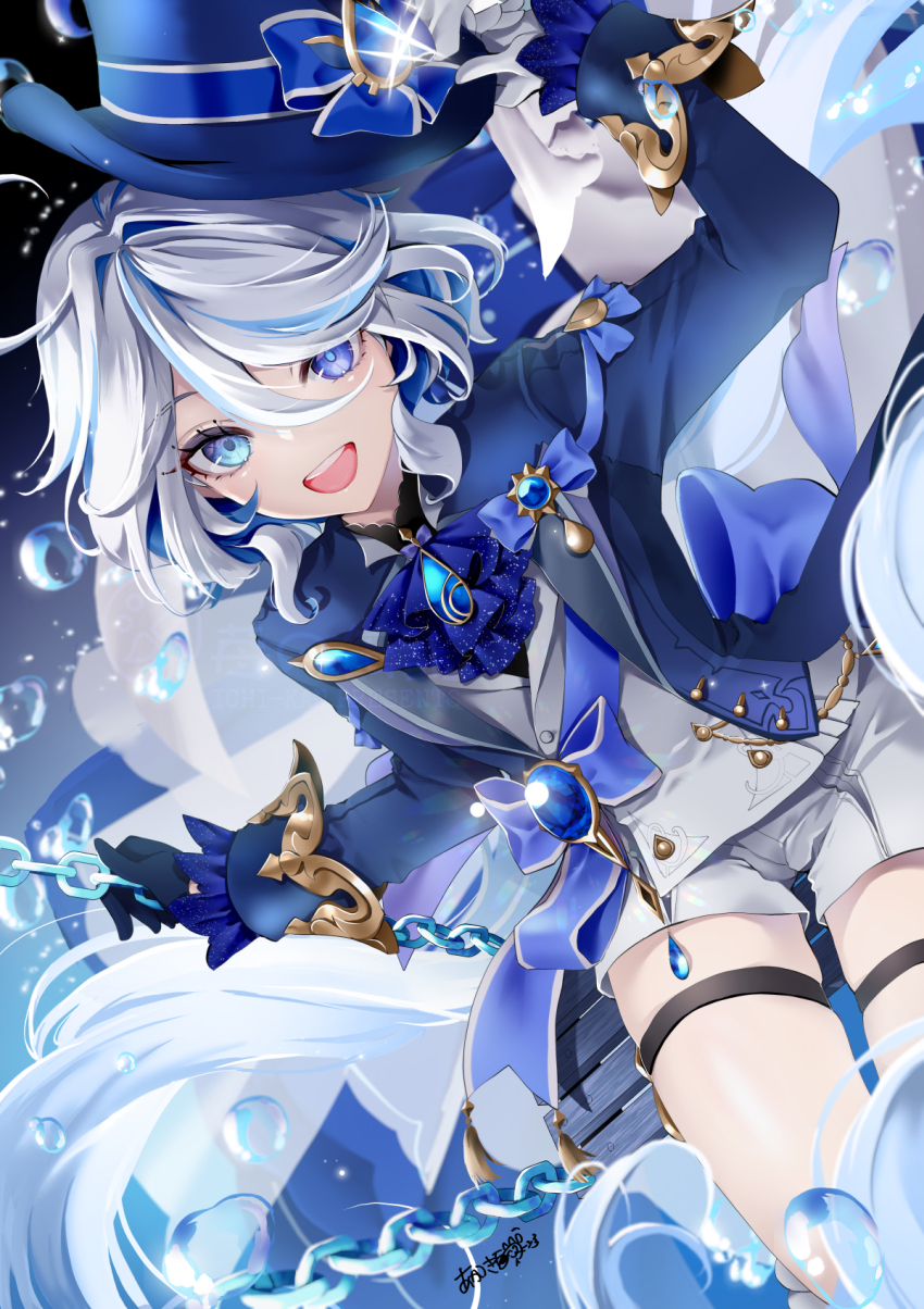 1girl akatsuki_hijiri ascot asymmetrical_gloves black_gloves blue_ascot blue_brooch blue_eyes blue_gemstone blue_hair blue_hat blue_jacket bubble coat drop-shaped_pupils eyelash_ornament furina_(genshin_impact) gem genshin_impact gloves hair_between_eyes hat highres hydro_symbol_(genshin_impact) jacket long_hair looking_at_viewer mismatched_gloves multicolored_hair open_clothes open_coat open_mouth ouji_fashion smile solo splendor_of_tranquil_waters_(genshin_impact) streaked_hair symbol-shaped_pupils top_hat white_gloves