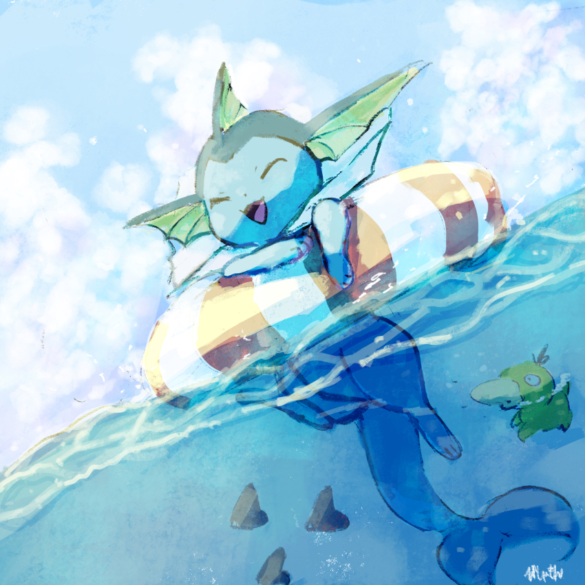 animal_focus bishamon_(usagi_ba) blue_sky day full_body gen_1_pokemon gen_3_pokemon highres luvdisc nintendo no_humans ocean open_mouth outdoors pokemon pokemon_(creature) psyduck signature sky striped_innertube summer vaporeon