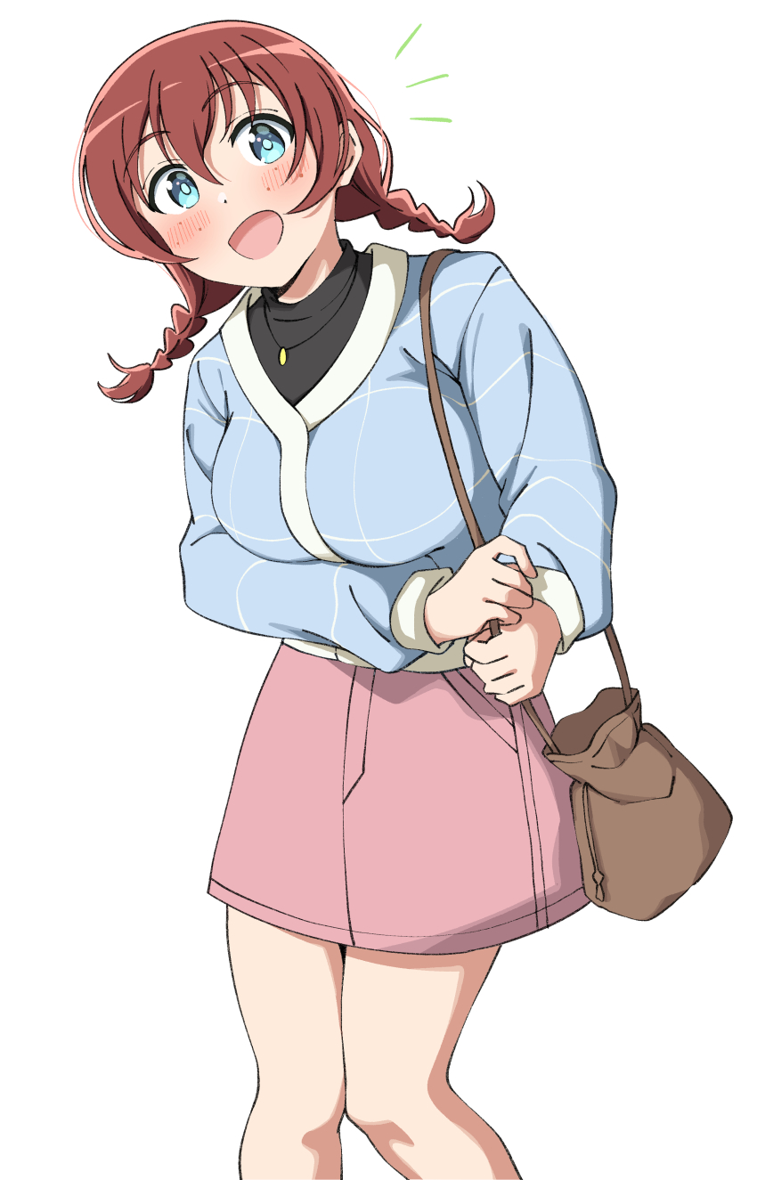 1girl :d absurdres black_shirt blue_cardigan blue_eyes braid breasts brown_bag brown_hair cardigan casual commentary emma_verde feet_out_of_frame freckles hair_between_eyes highres jewelry large_breasts long_hair looking_at_viewer love_live! love_live!_nijigasaki_high_school_idol_club love_live!_nijigasaki_high_school_idol_club_the_movie_-_finale low_twin_braids miniskirt necklace notice_lines official_alternate_costume open_mouth pink_skirt shirt shoulder_pouch simple_background skirt smile solo twin_braids uchuu_no_mozuku white_background