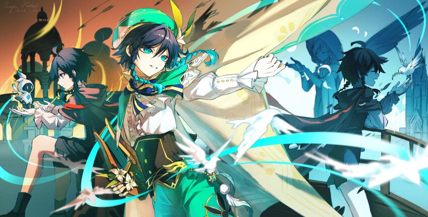 2boys absurdres androgynous aqua_eyes aqua_hair arrow_(projectile) barbatos_(genshin_impact) bard beret bird black_hair braid cape cecilia_flower_(genshin_impact) collared_cape corset dove dual_persona flashback flower genshin_impact gradient_hair green_cape green_hat green_shorts hat hat_flower highres instrument lyre male_focus multicolored_hair multiple_boys muxi297 nameless_bard_(genshin_impact) short_hair_with_long_locks shorts side_braids statue_of_the_seven twin_braids venti_(genshin_impact) vision_(genshin_impact) white_flower