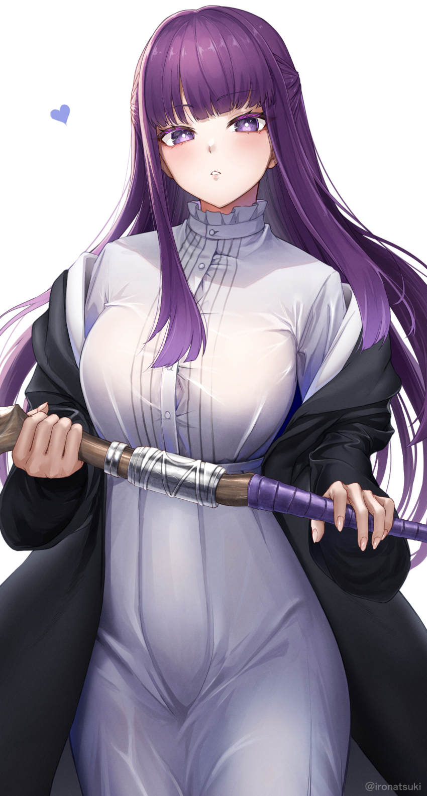 1girl black_coat blunt_bangs blush breasts coat dress fern_(sousou_no_frieren) highres ironatsuki large_breasts long_hair long_sleeves looking_at_viewer off_shoulder open_clothes open_coat parted_lips purple_eyes purple_hair sidelocks solo sousou_no_frieren staff thighs white_dress
