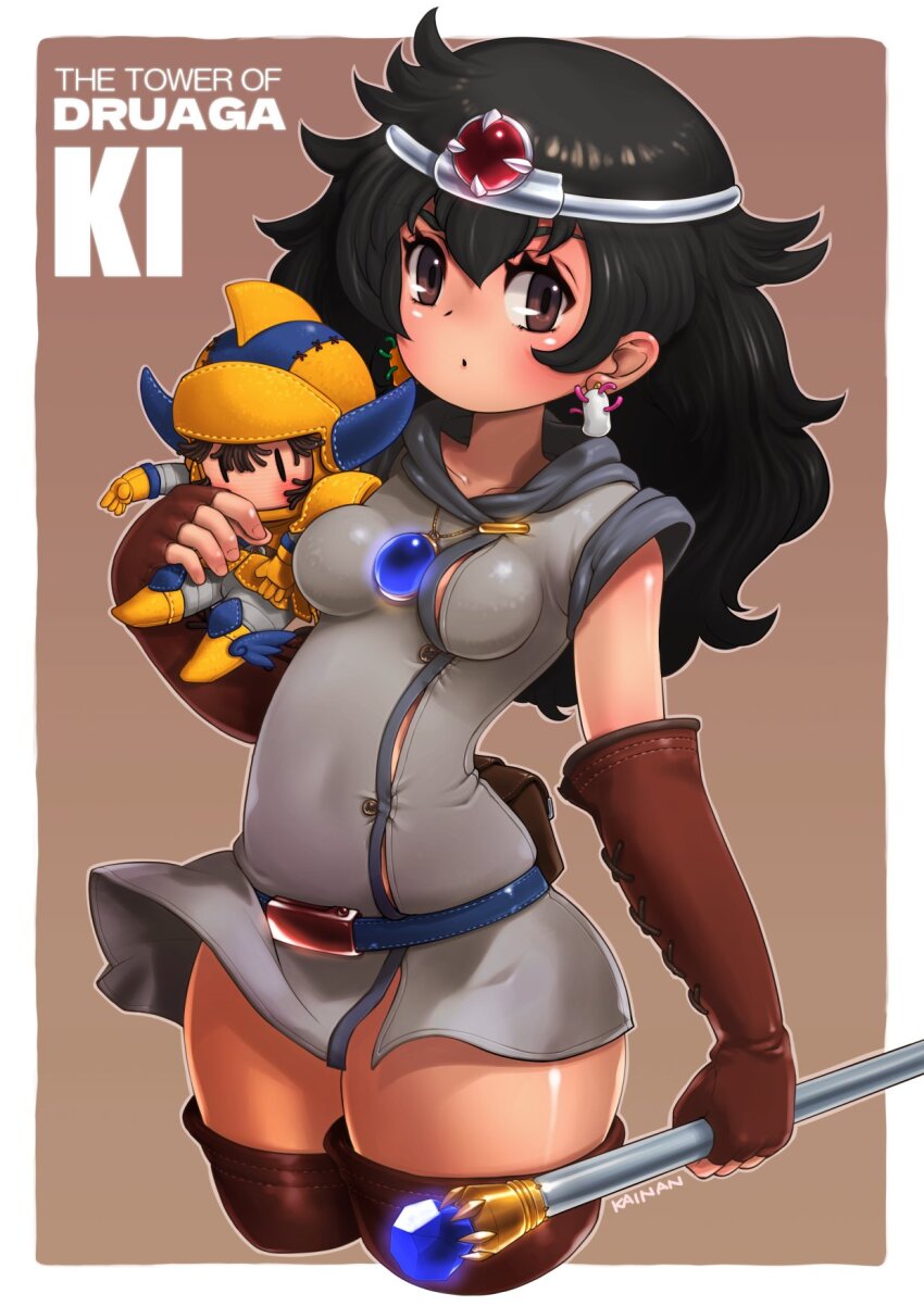 1girl :o belt black_hair blue_belt blue_gemstone blush breasts brown_background brown_eyes brown_gloves character_doll character_name circlet commentary_request copyright_name cowboy_shot cropped_legs doll dress druaga_no_tou earrings fingerless_gloves gem gilgamesh_(druaga) gloves grey_dress highres holding holding_staff impossible_clothes impossible_dress jewelry kainan ki_(druaga) long_hair looking_at_viewer necklace open_mouth red_gemstone short_dress simple_background small_breasts solo staff v-shaped_eyebrows