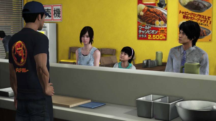 2girls 3boys 3d city_shrouded_in_shadow fast_food go!_go!_curry go!_go!_curry_mokuren_toori_stadium granzella highres kagaya_gorou kouno_yuki misaki_ken mokuren_toori_stadium multiple_boys multiple_girls posters product_placement restaurant yamamura_miho