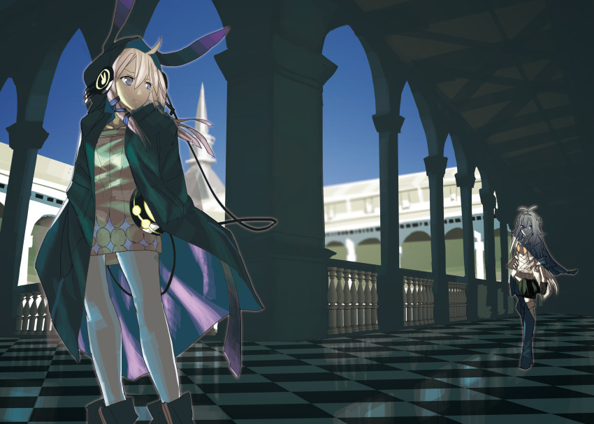 2girls ahoge animal_hood antenna_hair arch black_coat boots checkered_floor closed_mouth coat commentary_request dress feet_out_of_frame fuhak full_body glasses headphones highres hood hood_up hooded_coat long_hair looking_to_the_side multiple_girls rabbit_hood short_sleeves sidelocks sweater sweater_dress thigh_boots vocaloid voiceroid white_hair yuzuki_yukari yuzuki_yukari_(lin)