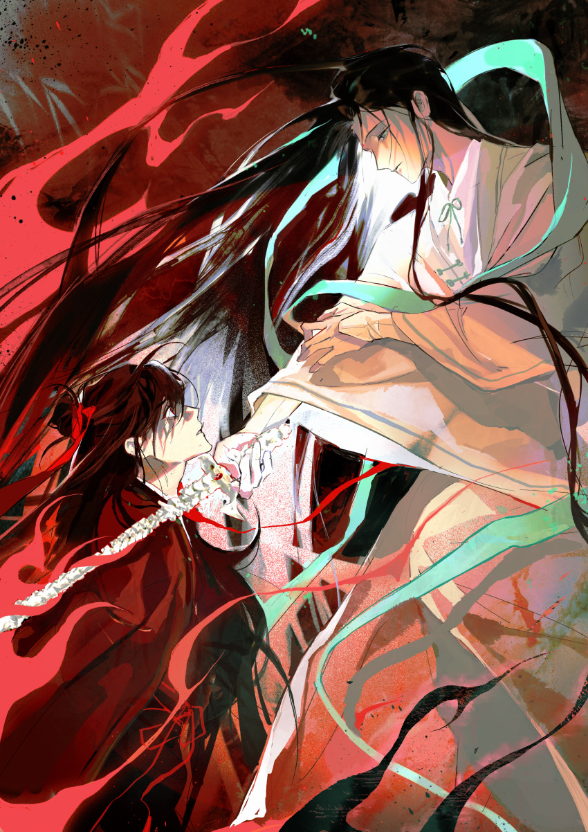 2boys absurdres artist_request black_hair bone chinese_clothes chinese_commentary commission dao_gui_yi_xian eye_contact fire floating_clothes floating_hair green_eyes green_shawl hagoromo hair_bun hair_ribbon half_updo hanfu heart heart_of_string highres holding holding_sword holding_weapon li_huowang long_hair long_sleeves looking_at_another male_focus multiple_boys profile red_eyes red_hanfu red_ribbon red_robe ribbon robe second-party_source shawl single_hair_bun smile spine string string_of_fate sword very_long_hair weapon white_hanfu white_robe wide_sleeves yaoi zhuge_yuan