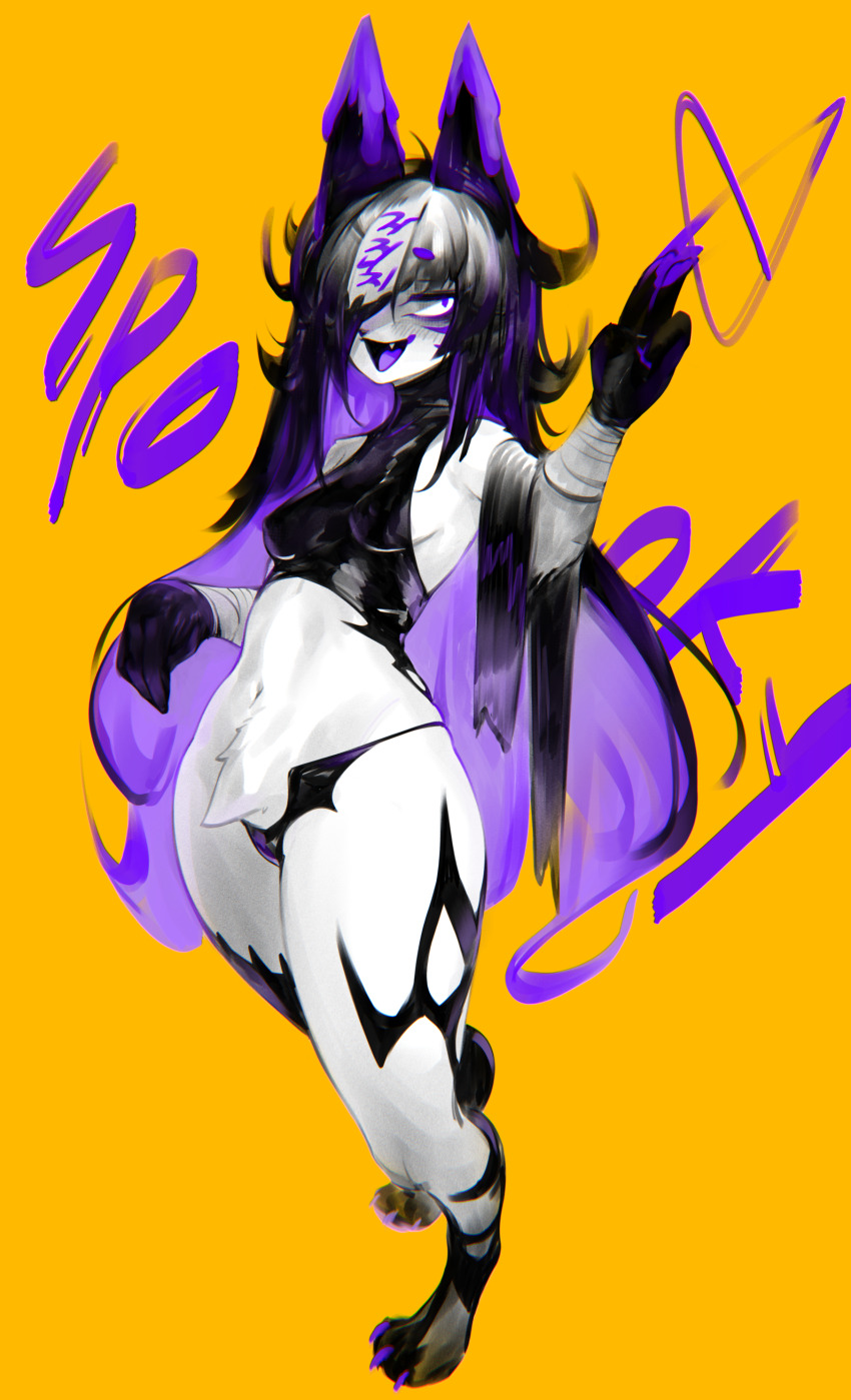 1girl 3gs absurdres animal_ears animal_feet animal_nose arm_wrap bags_under_eyes bare_shoulders barefoot black_fur black_hair black_panties black_shirt blush body_fur breasts chromatic_aberration claws colored_inner_hair colored_tongue constricted_pupils covered_erect_nipples crop_top demon_girl drawing_on_fourth_wall english_text facial_mark fang feet female_focus full_body furry furry_female hair_over_one_eye half-closed_eyes hands_up happy heart highres legs long_hair looking_to_the_side medium_breasts multicolored_hair navel ofuda ofuda_on_head one_eye_covered open_mouth orange_background original panties purple_eyes purple_hair purple_tongue shirt sideboob sidelocks sleeveless sleeveless_shirt smile solo standing stomach string_panties text_background thick_thighs thighs turtleneck two-tone_fur two-tone_hair underwear very_long_hair whisker_markings white_fur wide_hips