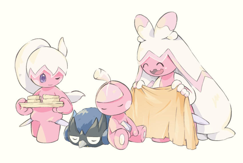 :d ^_^ asakirirokuyu blanket closed_eyes commentary_request evolutionary_line fang gen_8_pokemon holding holding_blanket holding_tray nintendo no_humans one_eye_closed open_mouth pokemon pokemon_(creature) purple_eyes rookidee sitting skin_fang sleeping smile standing tinkatink tinkaton tinkatuff tray