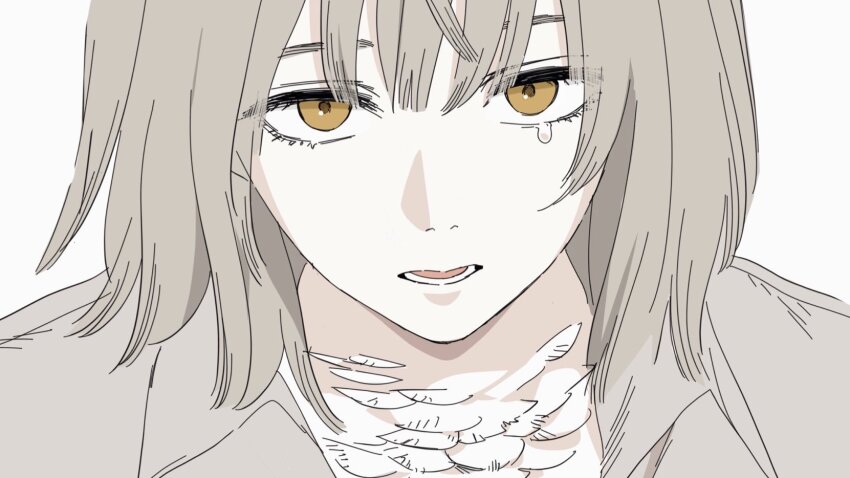 1girl dungeon_meshi falin_touden falin_touden_(chimera) feathers frs2 grey_hair grey_shirt highres looking_at_viewer parted_lips shirt simple_background solo spoilers straight-on teeth upper_body white_background white_feathers yellow_eyes