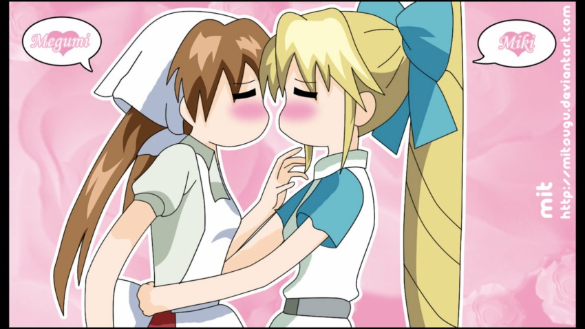 2girls highres imminent_kiss kannazuki_megumi multiple_girls muteki_kanban_musume onimaru_miki yuri