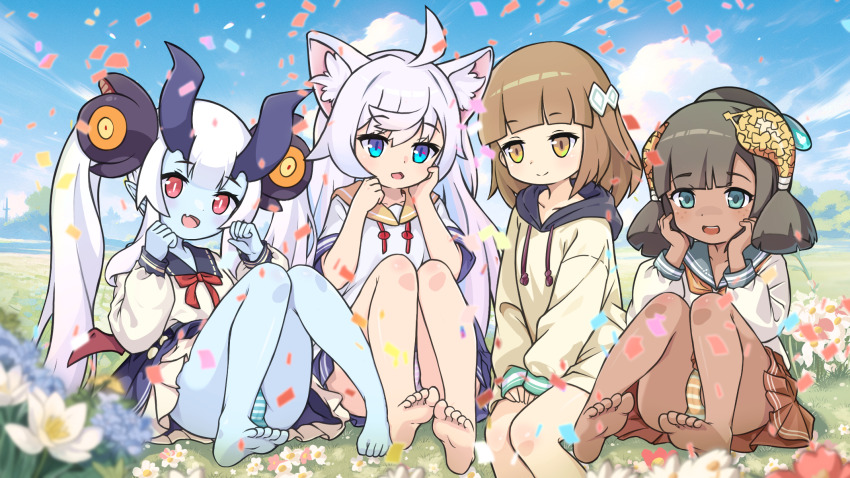 4girls ahoge animal_ears arum_(world_flipper) barefoot black_hair blue_eyes blue_skin blue_sky blunt_bangs blurry blurry_foreground bright_pupils brown_hair brown_skirt cat_ears collarbone colored_skin couette_(world_flipper) dark-skinned_female dark_skin drawstring fang fi_nonoa_(world_flipper) field flower flower_field highres horns long_sleeves multiple_girls mwm5 outdoors panties piamo_(world_flipper) pleated_skirt red_eyes shirt sitting skin_fang skirt sky slit_pupils striped_clothes striped_panties twintails underwear white_hair white_pupils white_shirt world_flipper