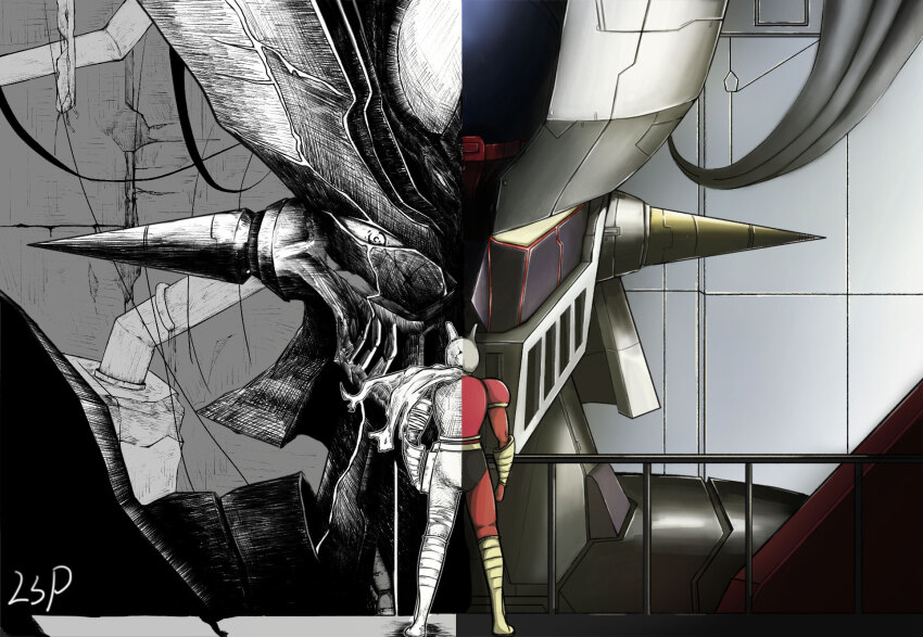 1boy bandages boots cable from_behind hangar helmet highres kabuto_kouji lsp_(fengzibushifenggou) mazinger_(series) mazinger_z mazinger_z_(mecha) mazinger_zero_(mecha) mecha mecha_pilot_suit railing robot ruins scarf shin_mazinger_zero signature split_theme super_robot