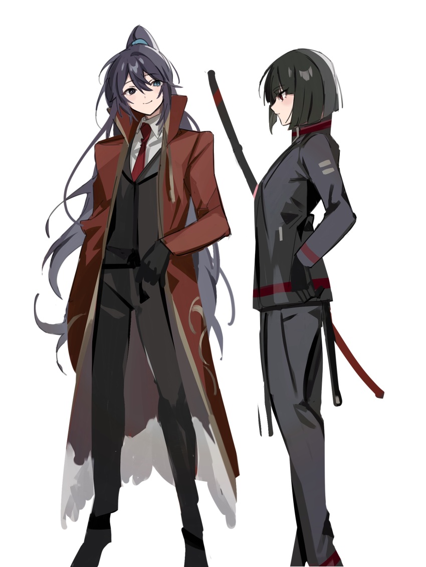 1boy 1girl aqua_eyes black_eyes black_footwear black_gloves black_hair black_jacket black_pants bob_cut closed_mouth coat full_body gloves gold_trim half_updo heterochromia highres hong_lu_(project_moon) jacket limbus_company liu_association_south_uniform long_hair long_sleeves mu46016419 ootachi pants project_moon red_coat ryoshu_(project_moon) shi_association_south_uniform shoes short_hair simple_background smile very_long_hair white_background