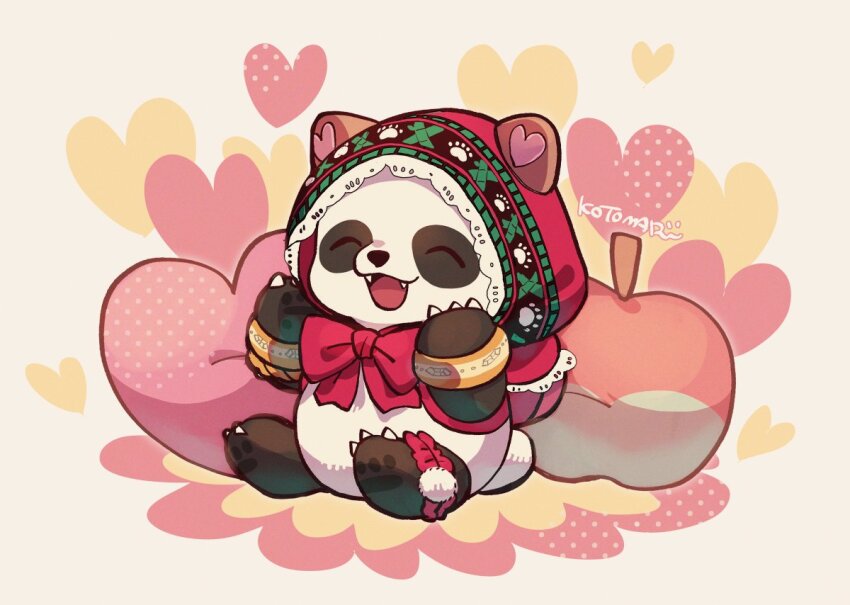 animal_focus anklet bow bracelet claws closed_eyes fangs full_body heart heart-shaped_pillow hood jewelry kotorai no_humans open_mouth panda_(tekken) pillow red_bow signature sitting solo tekken