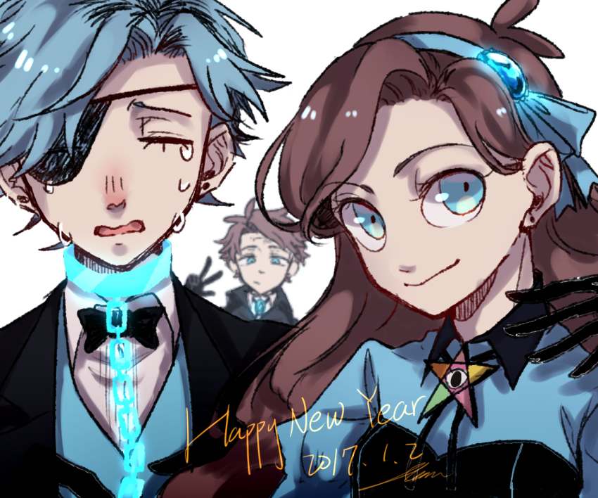 1girl 2boys ahan aqua_eyes ascot bill_cipher blue_hair bow bowtie brooch brother_and_sister brown_hair cape chain crying dark_persona dipper_gleeful dipper_pines eyepatch facial_mark forehead_mark formal_clothes gem glowing_jewelry gravity_falls hair_ornament hairband jewelry long_hair mabel_gleeful mabel_pines multiple_boys pentagram personification short_hair siblings swept_bangs twins vest will_cipher