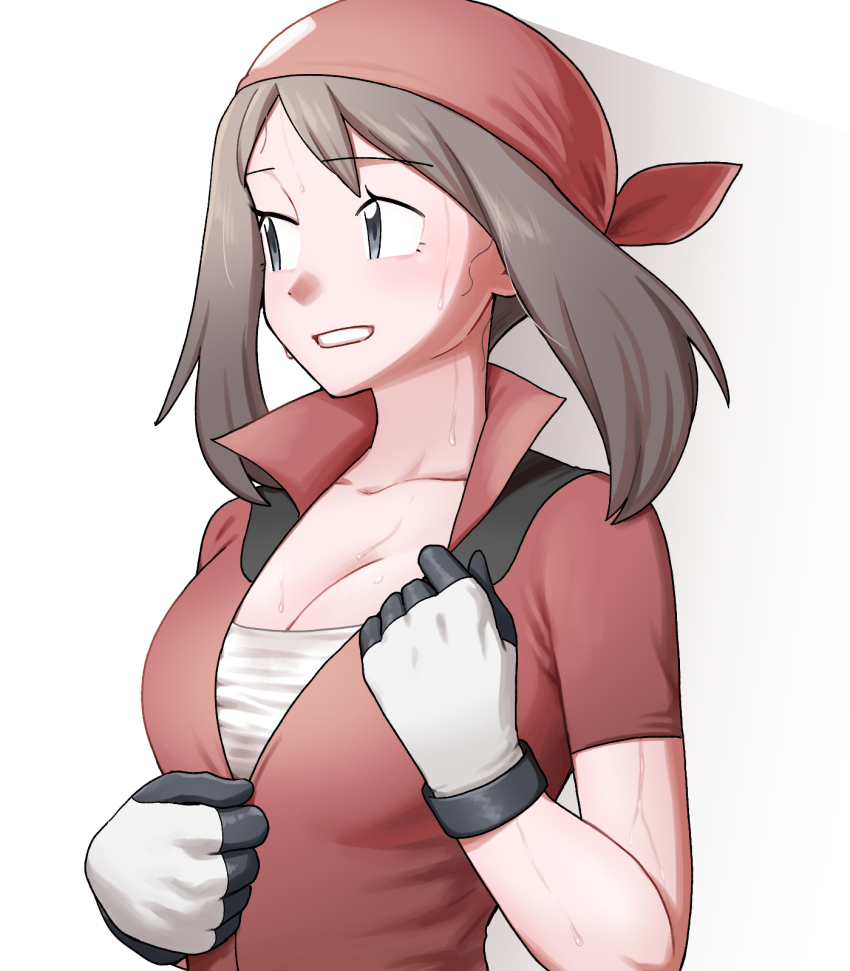 1girl bandana breasts brown_hair cleavage collarbone collared_shirt commentary_request gloves grey_eyes grin highres large_breasts looking_to_the_side may_(pokemon) medium_hair nintendo nutkingcall pokemon pokemon_rse popped_collar red_bandana red_shirt shirt short_sleeves smile solo sweat teeth undershirt white_background white_gloves