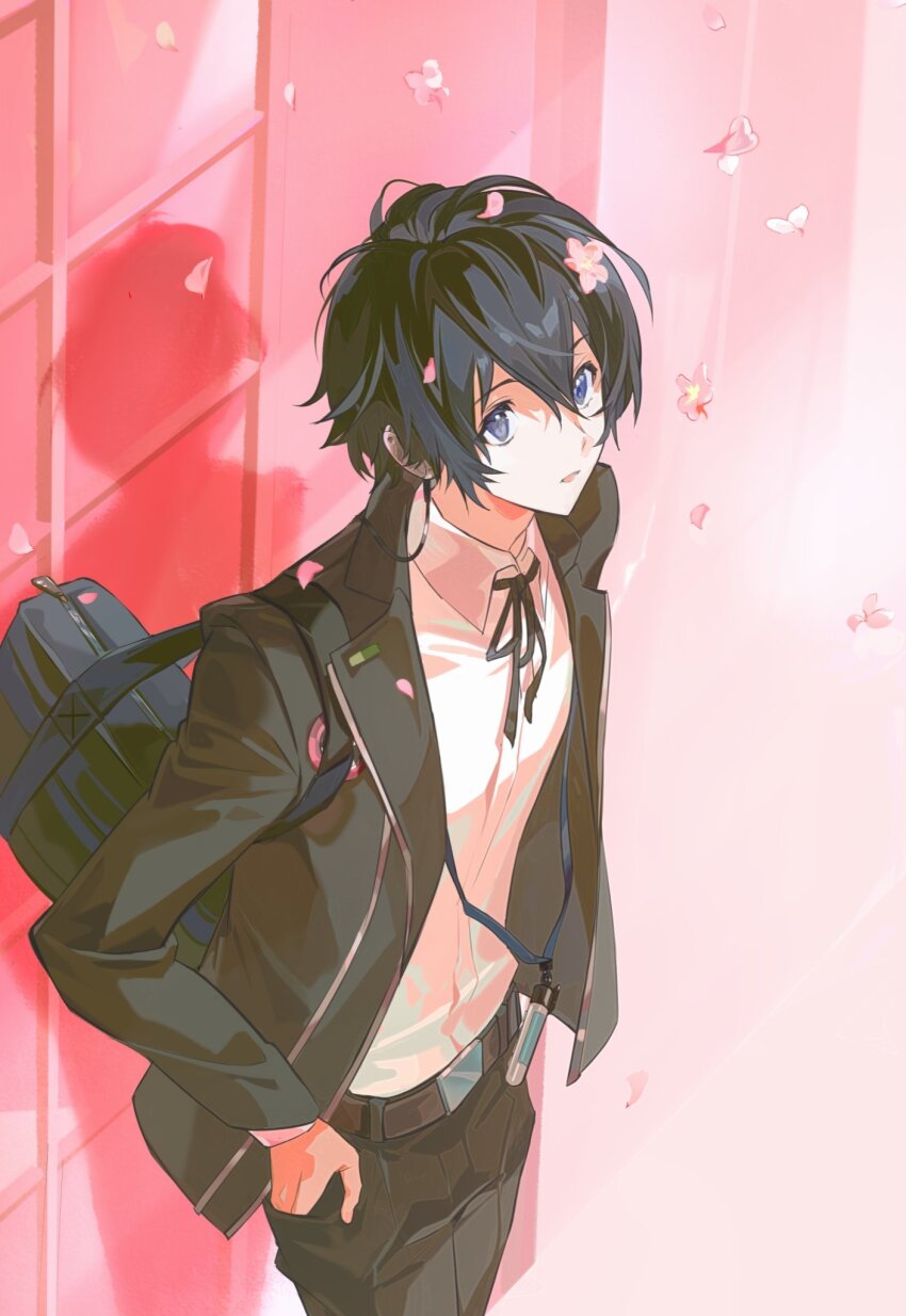 1boy bag belt black_jacket black_pants black_ribbon blue_eyes blue_hair collared_shirt commentary cowboy_shot dark_blue_hair digital_media_player digital_walkman earphones falling_petals gekkoukan_high_school_uniform hair_between_eyes hand_in_pocket highres jacket long_sleeves looking_up neck_ribbon open_clothes open_jacket pants parted_lips persona persona_3 petals pink_petals ribbon school_uniform shirt shoulder_bag solo symbol-only_commentary toashishi walkman_nw-s203f white_shirt yuuki_makoto_(persona_3)