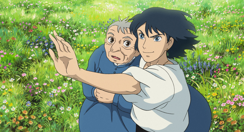 00s 1boy 1girl anime_screenshot black_hair blue_eyes brown_eyes dress earrings flower grass grey_hair highres howl howl_(howl_no_ugoku_shiro) howl_no_ugoku_shiro jewelry old old_woman pointing puffy_shirt smirk sophie sophie_(howl_no_ugoku_shiro) studio_ghibli