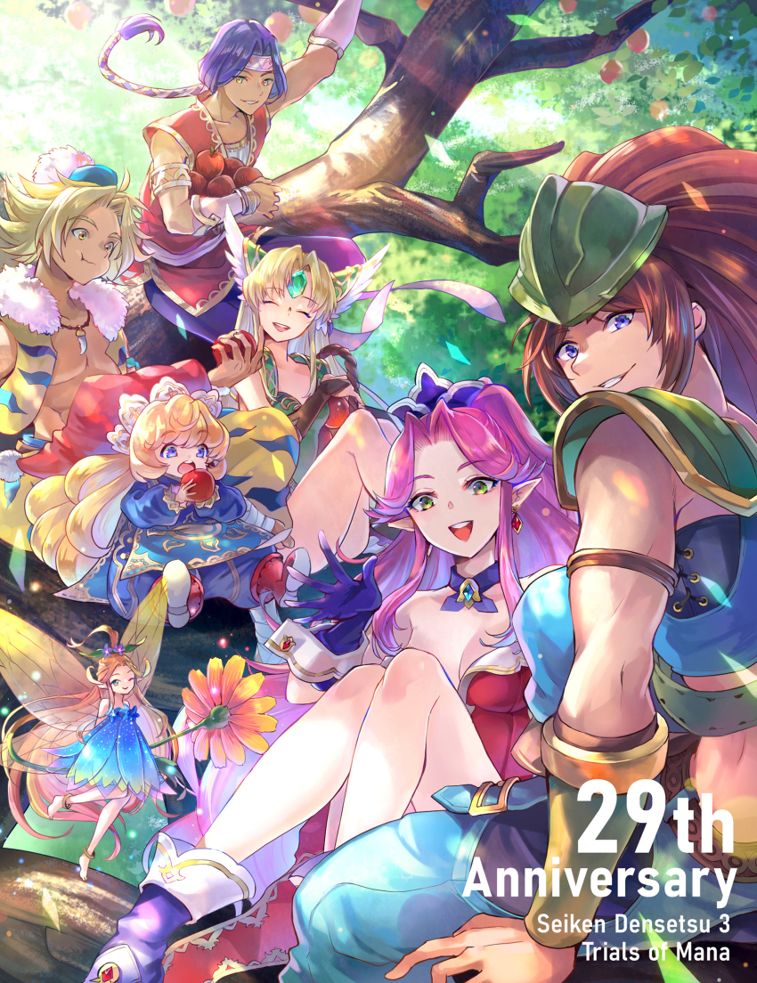 3boys 4girls abs angela_(seiken_densetsu_3) anniversary apple armlet armor artist_request bare_shoulders belt blonde_hair blue_eyes blue_hat blue_pants blue_sash breasts bridal_gauntlets brown_belt brown_eyes brown_gloves brown_hair charlotte_(seiken_densetsu_3) chewing copyright_name curly_hair dark-skinned_male dark_skin dress duran_(seiken_densetsu_3) earrings eating elf faerie_(seiken_densetsu_3) fairy fairy_wings flower food fruit fur-trimmed_scarf fur_trim gloves gold_trim green_dress green_eyes hair_intakes hat hawkeye_(seiken_densetsu_3) head_wings headband helmet highres in_tree jester_cap jewelry kevin_(seiken_densetsu_3) large_breasts leather_armor leotard long_hair long_sleeves looking_at_viewer low-tied_long_hair matching_hair/eyes multicolored_pants multiple_boys multiple_girls necklace open_mouth outdoors pants patterned_clothing pauldrons pectorals pointy_ears purple_hair red_hat red_leotard red_vest riesz sash scarf seiken_densetsu seiken_densetsu_3 shirt shoulder_armor sidelocks sitting sitting_in_tree sleeveless smile square_enix strapless strapless_dress strapless_leotard sun_symbol swept_bangs tabard teeth tiger_stripes tree upper_teeth_only very_long_hair vest white_fur white_headband white_shirt winged_helmet wings yellow_eyes yellow_scarf