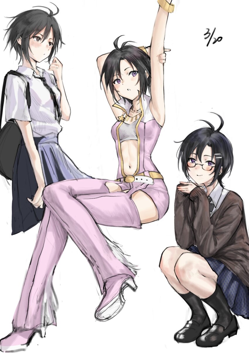 1girl absurdres aburi-gatana antenna_hair armpits arms_up backpack bag bandeau belt bespectacled black_bow black_bowtie black_hair black_necktie black_shoes black_socks blue_skirt blush bow bowtie breasts brown_sweater closed_mouth collared_shirt commentary cropped_legs dated full_body glasses grey_bandeau hair_ornament hairclip high_heels highres idolmaster idolmaster_(classic) idolmaster_2 kikuchi_makoto long_sleeves looking_at_viewer luxury_(idolmaster) multiple_views navel necktie parted_lips pink_diamond_765_(idolmaster) pink_shoes pleated_skirt popped_collar purple_eyes school_uniform shirt shoes short_hair short_sleeves simple_background sitting skirt sleeveless smile socks squatting sweater white_background white_shirt