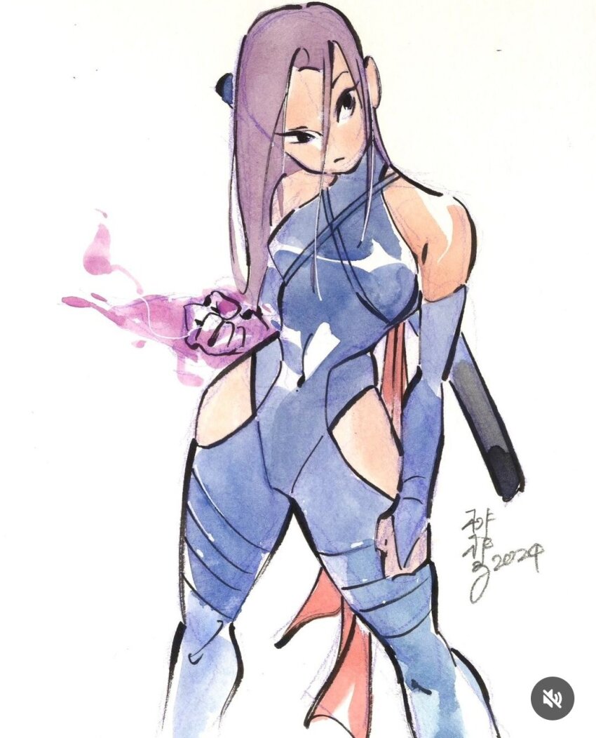 1girl animification bodysuit breasts energy_blade highres marvel ninja official_art peach_momoko psylocke red_sash sash simple_background small_breasts solo superhero_costume x-men