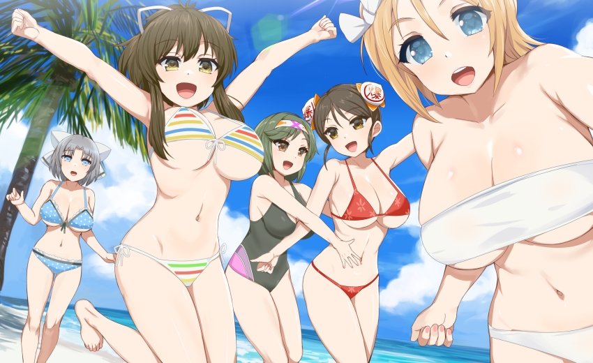 5girls absurdres arms_up asuka_(senran_kagura) baozi_hair_ornament beach bikini black_one-piece_swimsuit blonde_hair blue_bikini blue_eyes blue_sky breasts brown_eyes brown_hair cleavage cloud cloudy_sky day food-themed_hair_ornament green_hair grey_hair hairband hanabi_(senran_kagura) highres jumping kusaka_souji large_breasts long_hair looking_at_another looking_at_viewer mai_(senran_kagura) medium_hair meimei_(senran_kagura) multiple_girls navel ocean one-piece_swimsuit open_mouth outdoors ponytail red_bikini running sand senran_kagura senran_kagura_shinovi_versus sidelocks sky smile strapless striped_bikini striped_clothes swimsuit tree tube_top white_bikini yellow_eyes yumi_(senran_kagura)
