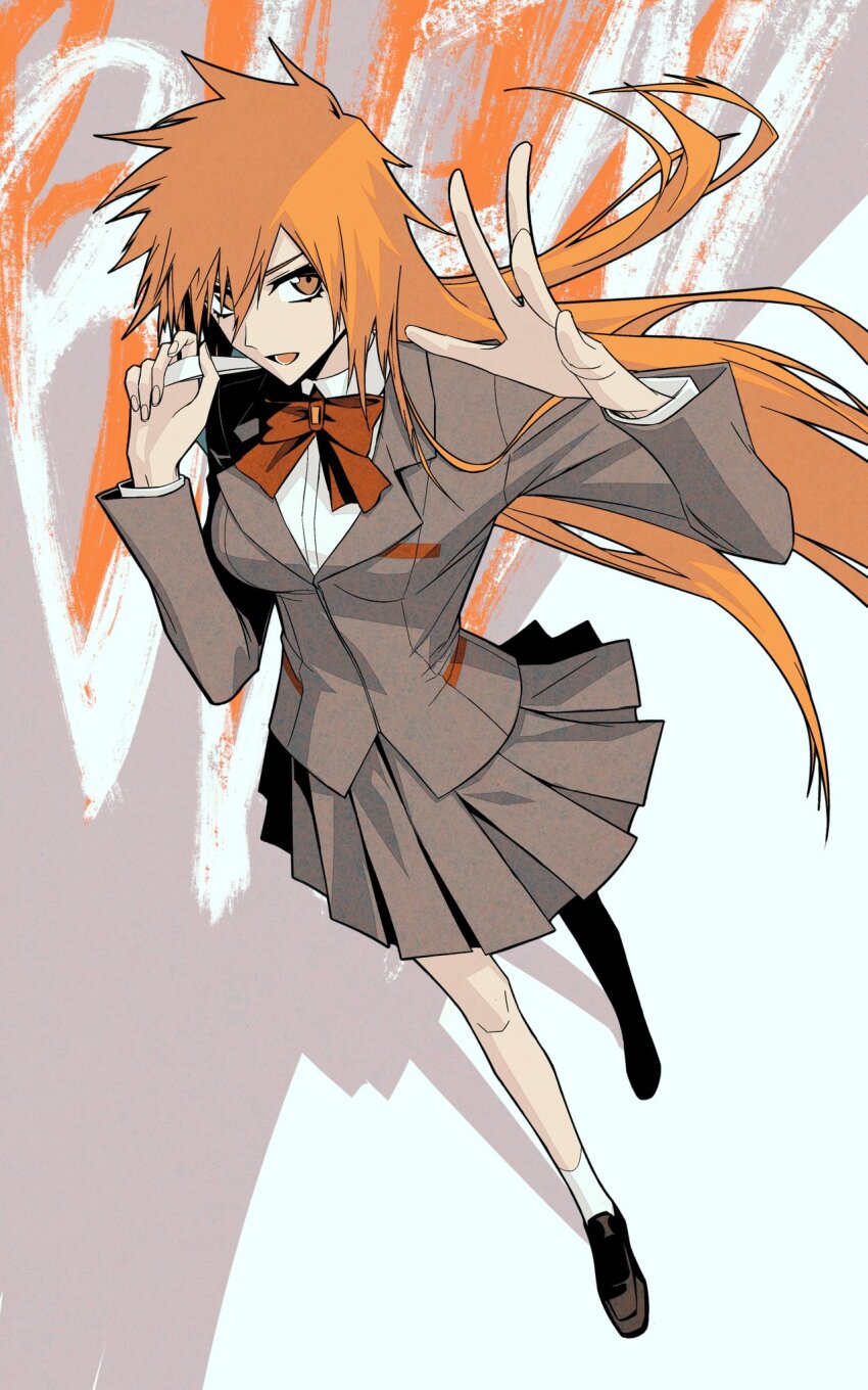 1girl arm_up bag black_footwear bleach bow breasts brown_jacket brown_skirt copyright_name genderswap genderswap_(mtf) highres holding holding_bag jacket kurosaki_ichigo long_hair long_sleeves looking_at_viewer medium_breasts open_mouth orange_eyes orange_hair red_bow school_uniform shadow shirt simple_background skirt socks solo walking white_shirt white_socks zangjun