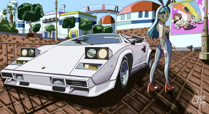 blue_hair bulma car cityscape dragon_ball high_heels highres lamborghini lamborghini_countach leotard motor_vehicle non-web_source pantyhose playboy_bunny self-upload vehicle_focus