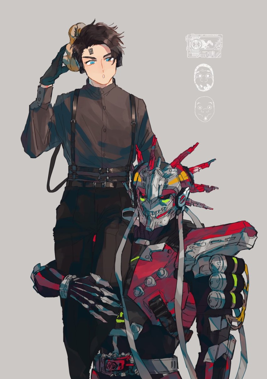 2boys :o android armor bbbb_fex black_gloves black_hair black_sclera black_shirt blue_eyes carrying_over_shoulder colored_sclera dodo_(bird) dodo_magia dodo_magia_custom_two dual_persona fingernails gloves headphones highres humagear_headphones kamen_rider kamen_rider_01_(series) little_assassin magia_(kamen_rider_01) mask mask_on_head monster multiple_boys overalls progrise_key red_armor red_eyes robot sharp_fingernails shirt suspenders