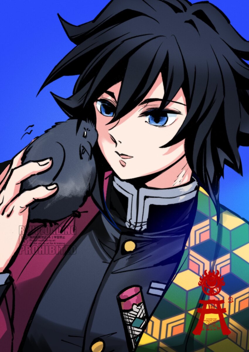 1boy bird black_hair black_jacket blue_eyes buttons crow demon_slayer_uniform fingernails gold_buttons hand_up haori high_collar highres jacket japanese_clothes kanzaburou_(kimetsu_no_yaiba) katana kikkoumon kimetsu_no_yaiba low_ponytail male_focus parted_lips ponytail print_haori red_haori solo spiked_hair sword takoyatsurngk tomioka_giyuu upper_body weapon