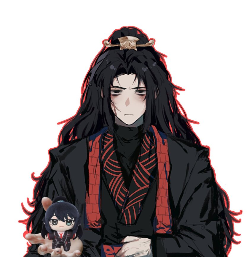 1boy black_hair black_hanfu chibi chibi_inset chinese_clothes curtained_hair hair_ornament hand_on_own_stomach hanfu high_ponytail highres jia_qiu_(project_moon) limbus_company long_hair male_focus outline outstretched_hand ponytail project_moon red_hong00 red_outline red_scarf red_trim rope_belt scar scar_on_face scarf solo upper_body very_long_hair white_background