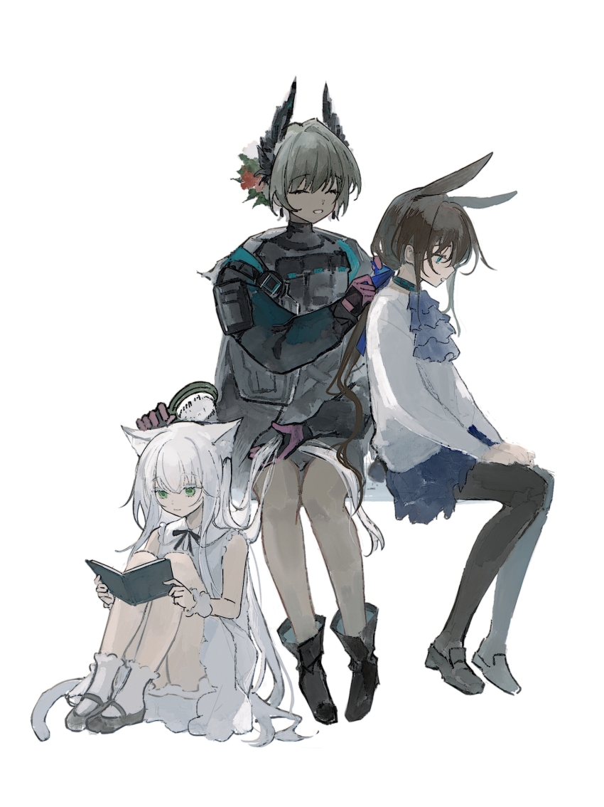 3girls ^_^ absurdres amiya_(arknights) ankle_socks aqua_eyes arknights ascot bare_shoulders black_gloves black_jacket black_pantyhose blue_ascot blue_skirt book brown_hair brushing_another&#039;s_hair brushing_hair chinese_commentary closed_eyes closed_mouth comb commentary dark-skinned_female dark_skin dress extra_arms full_body gloves green_eyes grey_hair highres holding holding_another&#039;s_hair holding_book holding_comb invisible_chair jacket long_hair long_sleeves multiple_girls open_book open_mouth pantyhose pink_gloves profile raidian_(arknights) reading rosmontis_(arknights) shirt short_hair simple_background sitting sketch skirt sleeveless sleeveless_dress smile socks white_background white_dress white_hair white_shirt white_socks yezhi_dun_luobei