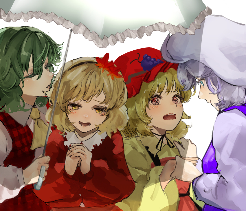4girls aki_minoriko aki_shizuha apron ascot black_ribbon blonde_hair blue_eyes blush choker closed_eyes commentary_request eneshi eye_contact food fruit grape_hat_ornament grapes green_hair hair_ornament hairband hand_grab hat highres holding holding_umbrella kazami_yuuka leaf_hair_ornament letty_whiterock long_sleeves looking_at_another mob_cap multiple_girls open_clothes open_mouth open_vest orange_apron orange_shirt parasol plaid_clothes plaid_skirt plaid_vest purple_hair purple_vest red_eyes red_vest ribbon ribbon_choker shirt siblings sisters skirt skirt_set smile touhou umbrella vest yellow_ascot yuri