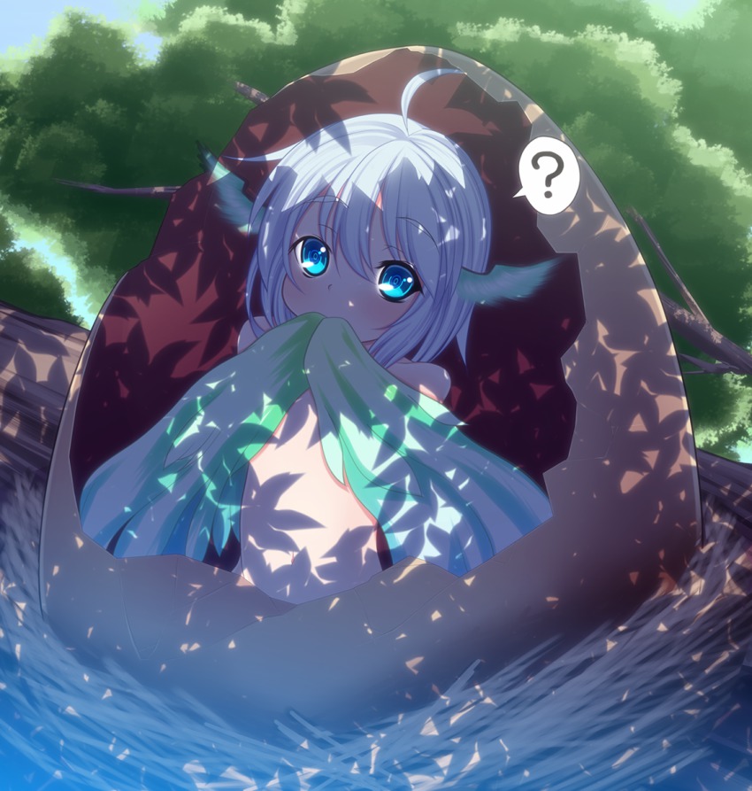 1girl ? ahoge blue_eyes covering_privates egg female_focus flat_chest harpy hatching highres kiyomin monster_girl navel nest original solo tree white_hair winged_arms wings