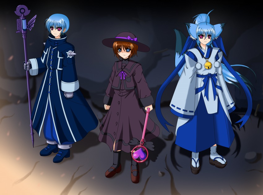 1boy 2girls animal_ears blue_eyes blue_hair chrono_harlaown dark_persona fox_ears fox_tail hat kemonomimi_mode kuon_(triangle_heart) luciferion lyrical_nanoha mahou_shoujo_lyrical_nanoha mahou_shoujo_lyrical_nanoha_a&#039;s mahou_shoujo_lyrical_nanoha_a&#039;s_portable:_the_battle_of_aces stern_the_destructor multiple_girls red_eyes s2u sanarii tail takamachi_nanoha triangle_heart triangle_heart_3 triangle_heart_3_lyrical_toy_box
