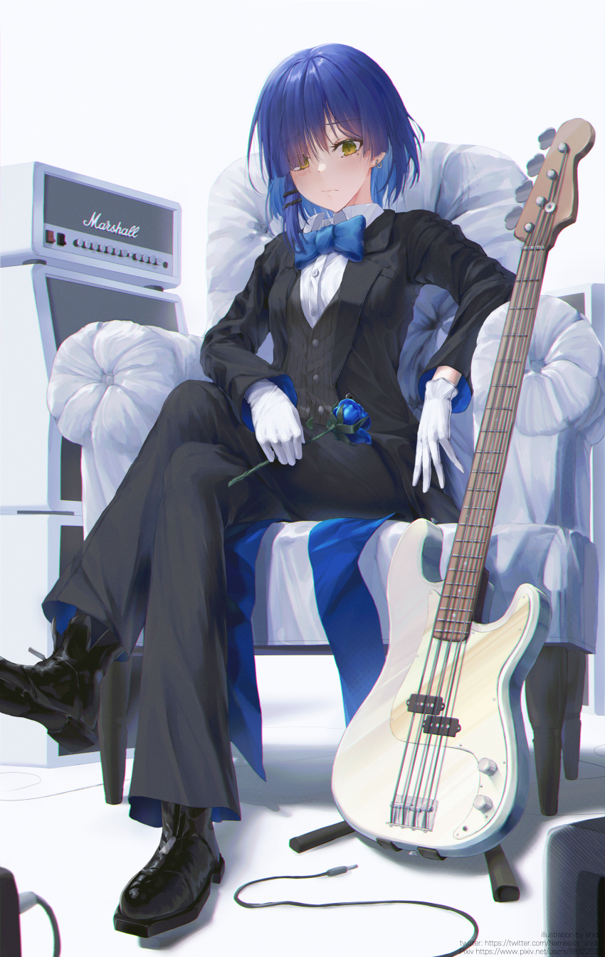 1girl absurdres alternate_costume amplifier armchair bass_guitar black_shoes black_socks black_suit blue_bow blue_flower blue_rose blush bocchi_the_rock! bow bowtie breasts cable chair closed_mouth earrings easy_chair eyes_visible_through_hair fender_precision_bass flower formal_clothes full_body gloves guitar hair_ornament hairclip highres holding holding_flower instrument jewelry large_bow looking_at_viewer maid marshall_amplification medium_breasts mole mole_under_eye nemesiss_shido on_chair rose shirt shoes short_hair sitting socks solo suit white_background white_gloves white_shirt yamada_ryo