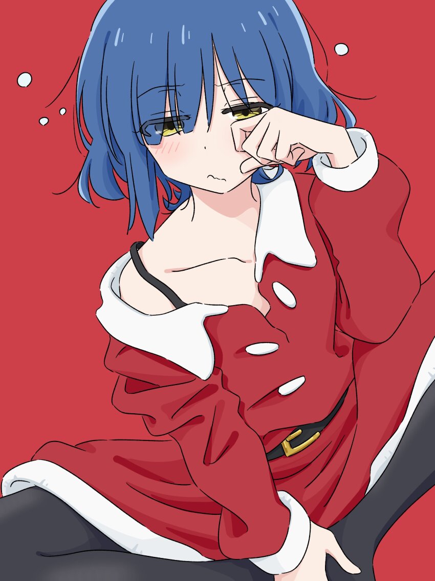 1girl absurdres belt belt_buckle black_belt black_pantyhose blue_hair blush bocchi_the_rock! buckle closed_mouth collarbone commentary_request dot_nose dress eyes_visible_through_hair hand_up highres long_sleeves mayo_(oekaki_bibbi) off_shoulder pantyhose red_background red_dress rubbing_eyes santa_costume short_hair simple_background sitting sleepy solo squeans wavy_mouth white_trim yamada_ryo yellow_eyes