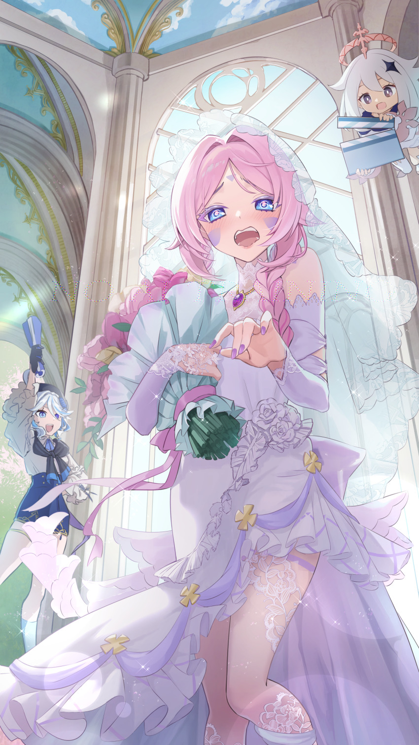 3girls @_@ absurdres arm_up asymmetrical_gloves black_eyes black_gloves blue_eyes blush bouquet braid bridal_gauntlets bridal_veil citlali_(genshin_impact) clapperboard commentary_request day dress facial_mark fingernails floating flower forehead_mark furina_(genshin_impact) gem genshin_impact gloves hair_ornament halo highres holding holding_bouquet indoors long_hair looking_at_viewer mapmap mismatched_gloves multiple_girls nail_polish open_mouth paimon_(genshin_impact) pink_flower pink_hair pink_pupils purple_gemstone purple_nails sleeveless sleeveless_dress standing star_(symbol) star_hair_ornament thighhighs triangle triangle_facial_mark twin_braids upper_body veil very_long_hair white_bridal_gauntlets white_dress white_gloves white_hair white_thighhighs white_veil