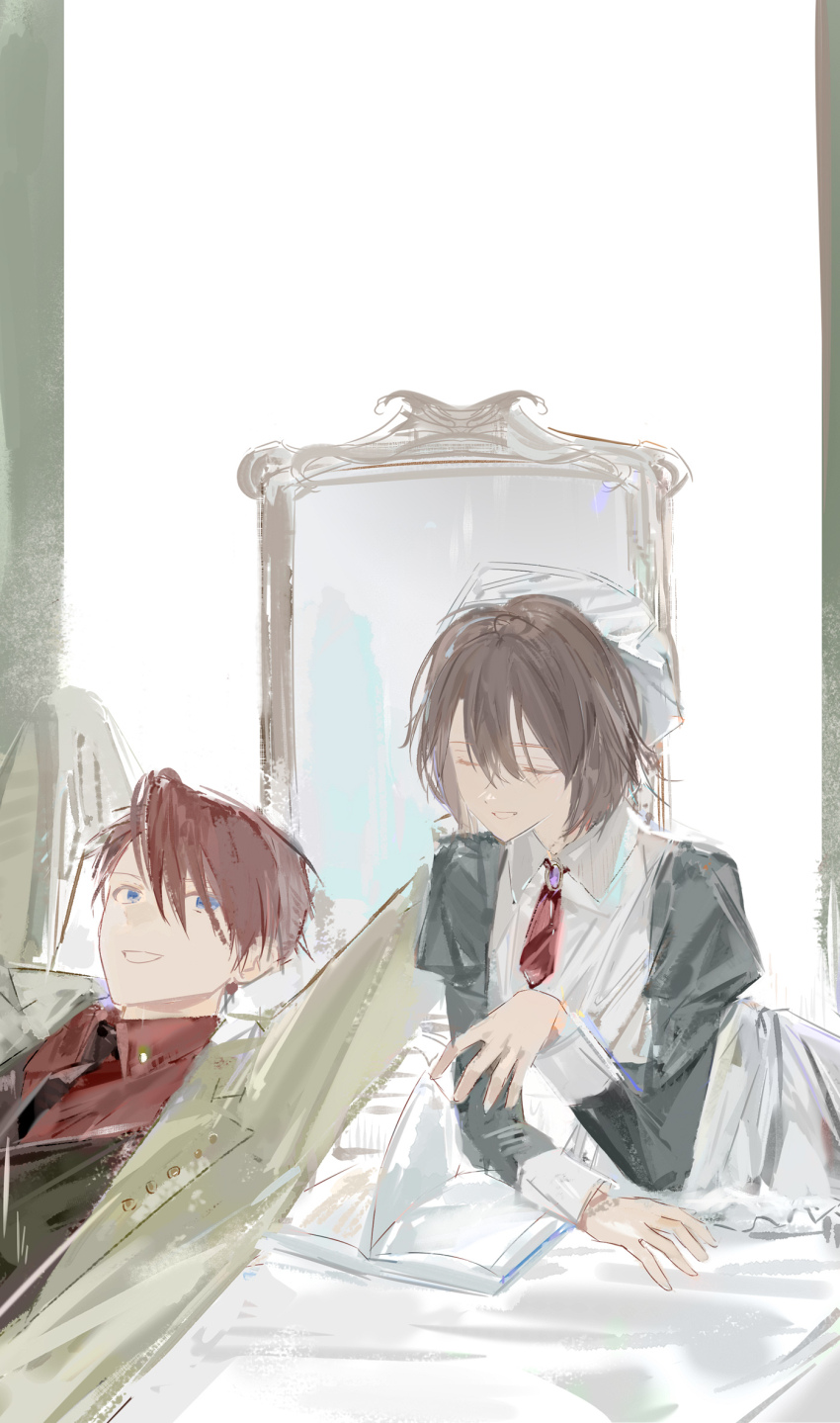 blue_brooch blue_eyes book brown_hair closed_eyes hat highres lying maid maouasuka mirror necktie open_mouth red_hair red_necktie simple_background smile turning_page umineko_no_naku_koro_ni ushiromiya_battler witch yasu_(umineko)