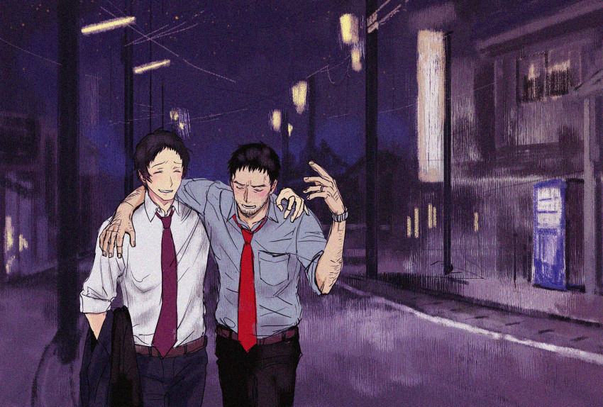 2boys adachi_tooru arm_up black_hair black_jacket black_pants doujima_ryoutarou grey_shirt hand_on_another&#039;s_shoulder highres holding holding_jacket holding_unworn_clothes jacket lamppost leaning_forward light_blush male_focus morrisuit multiple_boys necktie night night_sky pants persona persona_4 red_necktie shirt short_hair sidewalk sky smile unworn_jacket vending_machine watch white_shirt wristwatch