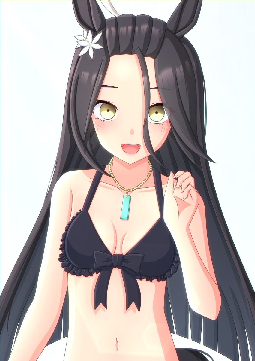 1girl 2-butani absurdres ahoge animal_ears bikini black_bikini black_bow black_hair blush bow breasts cleavage commentary_request ear_ornament hair_between_eyes highres horse_ears horse_girl horse_tail jewelry looking_at_viewer manhattan_cafe_(the_bubbles_that_i_see_with_you)_(umamusume) manhattan_cafe_(umamusume) medium_breasts midriff multicolored_hair navel necklace official_alternate_costume official_alternate_hairstyle open_mouth simple_background smile solo streaked_hair swimsuit tail umamusume upper_body water white_background white_hair yellow_eyes