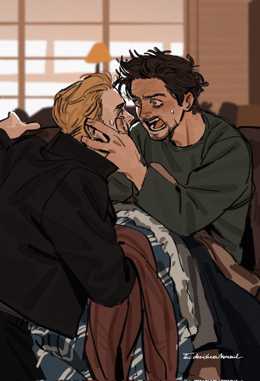 2boys artist_name avengers_(series) barefoot black_eyes black_hair black_jacket black_pants blanket blonde_hair blurry blurry_background brown_eyes couch covered_mouth curtains facial_hair fingernails grey_shirt hand_on_another&#039;s_face hand_up highres indoors jacket lamp long_sleeves looking_at_another male_focus marvel marvel_cinematic_universe multiple_boys on_couch open_mouth pants screaming shirt short_hair sitting steve_rogers sweatdrop teeth tony_stark v-shaped_eyebrows window yiqianbixin
