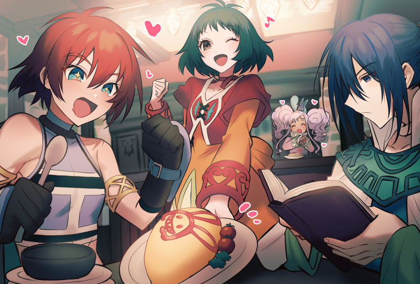 2boys 2girls absurdres akimachi blue_eyes blue_hair blush book brown_eyes choker dark-skinned_female dark_blue_hair dark_skin dress drooling farah_oersted food gloves green_hair group_picture happy heart highres holding holding_book keele_zeibel long_hair meredy_(tales) mouth_drool multiple_boys multiple_girls musical_note omelet omurice one_eye_closed open_book open_mouth orange_dress purple_eyes purple_hair reading red_choker red_hair reid_hershel short_hair smile sparkle sparkling_eyes tales_of_(series) tales_of_eternia twintails